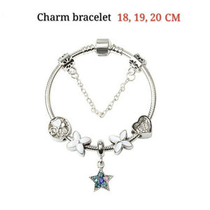 Women Silver Plated Bracelet | Snake Chain with Classic Bead Barrel Clasp & Blue Star Pendant (20cm)