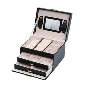 Jewelry Box with Mirror | Double Drawers Organizer Storage Lock Case (Black)