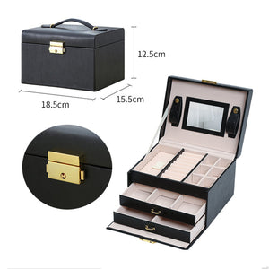 Jewelry Box with Mirror | Double Drawers Organizer Storage Lock Case (Black)