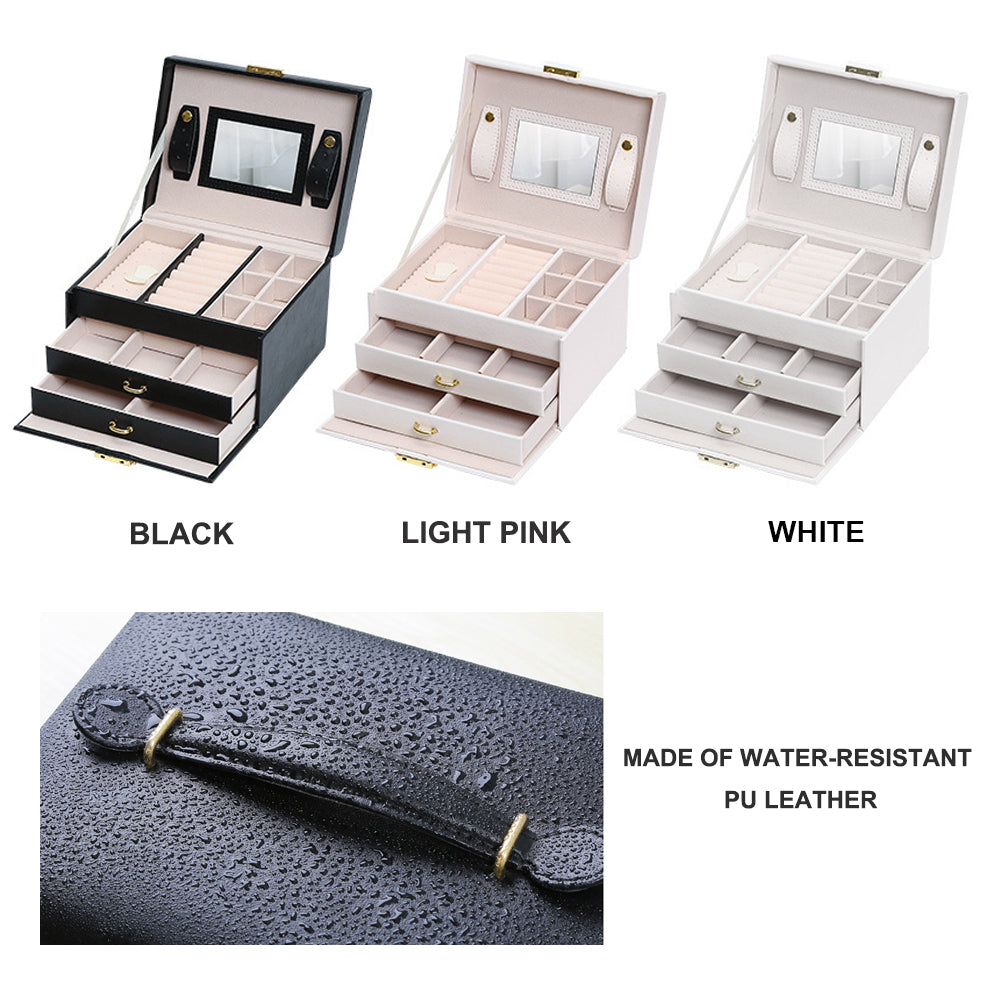 Jewelry Box with Mirror | Double Drawers Organizer Storage Lock Case (Black)
