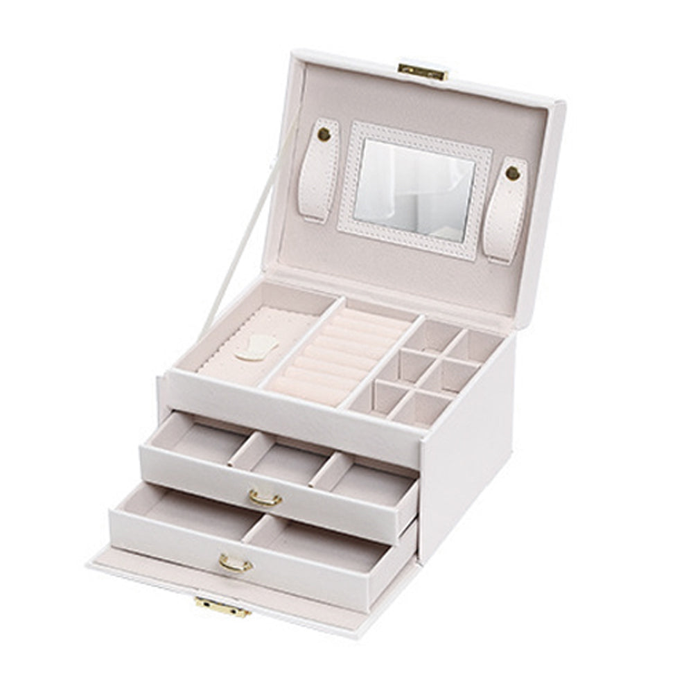 Jewelry Box with Mirror | Double Drawers Organizer Storage Lock Case (White)