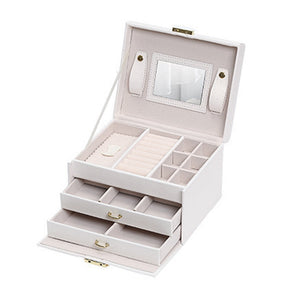 Jewelry Box with Mirror | Double Drawers Organizer Storage Lock Case (White)