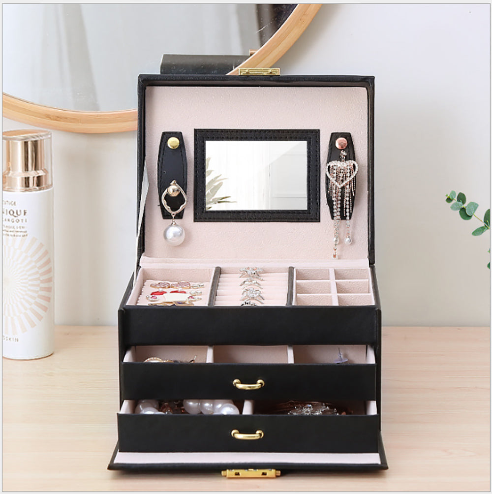 Jewelry Box with Mirror | Double Drawers Organizer Storage Lock Case (White)