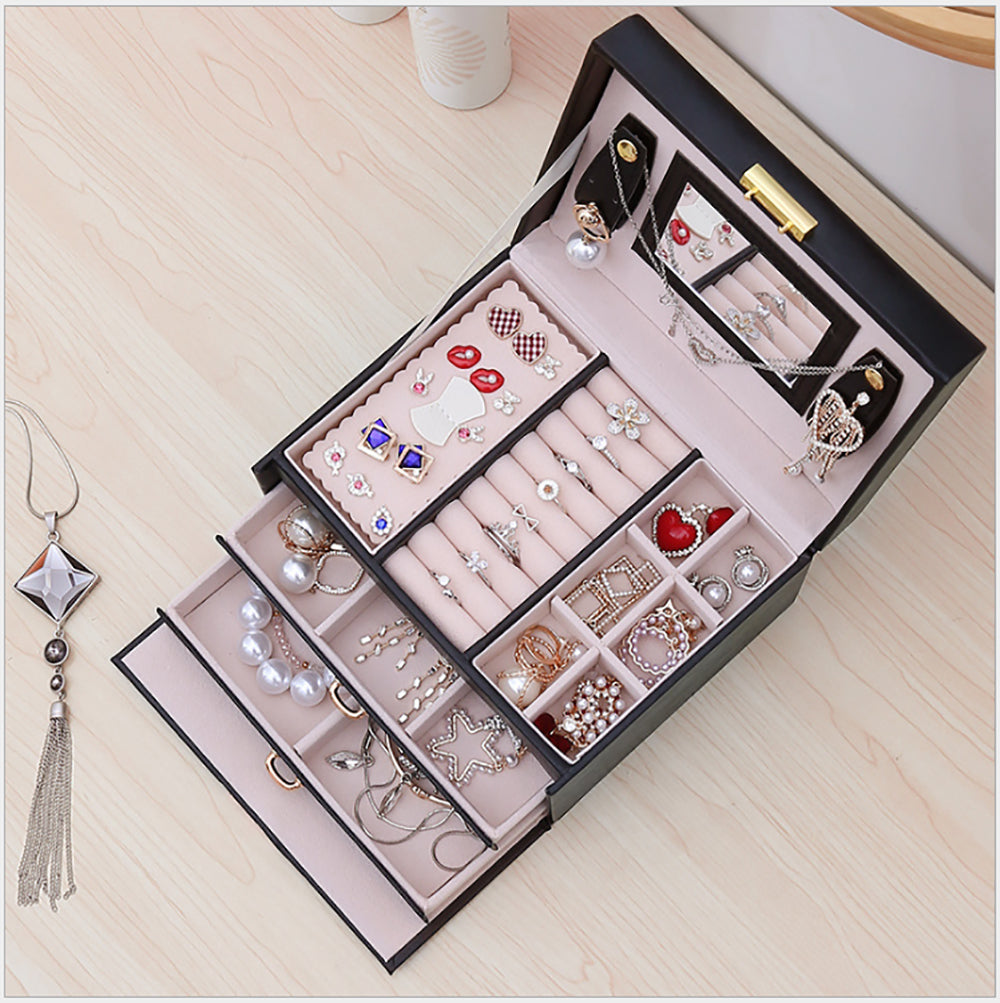 Jewelry Box with Mirror | Double Drawers Organizer Storage Lock Case (White)