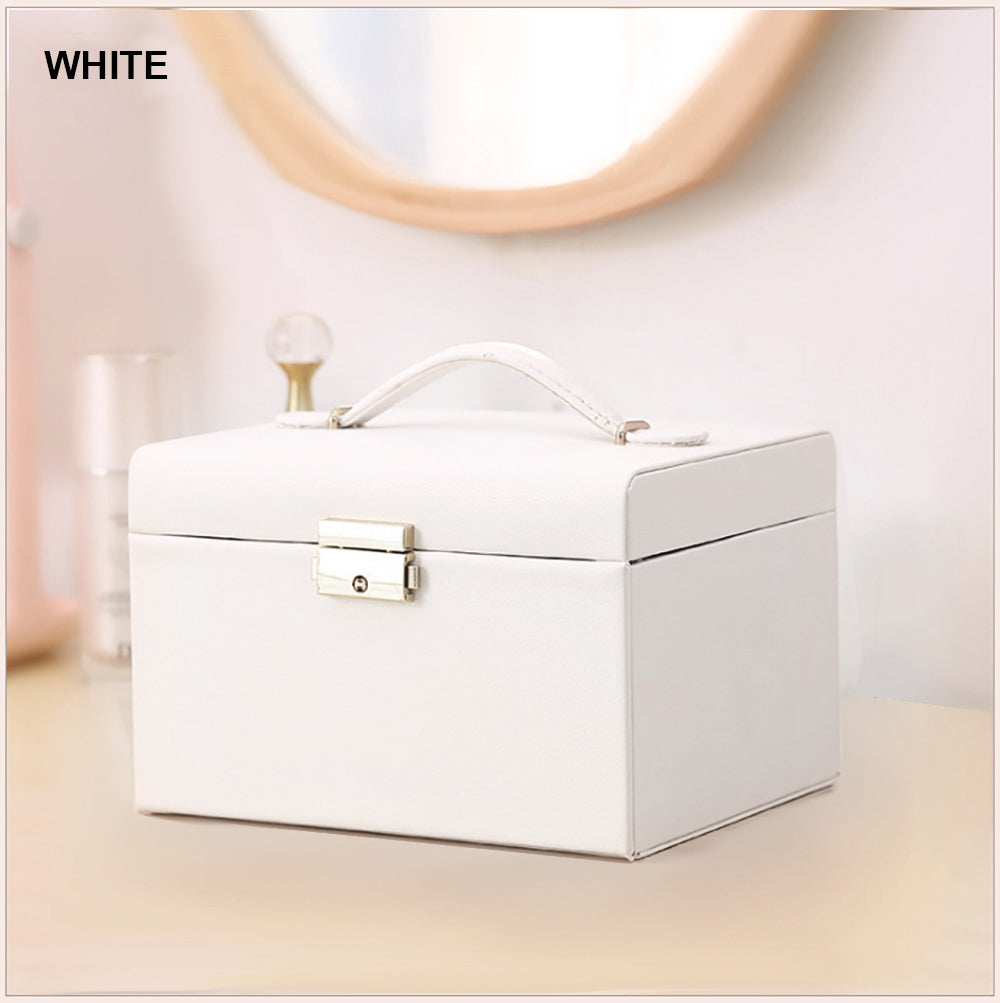 Jewelry Box with Mirror | Double Drawers Organizer Storage Lock Case (White)