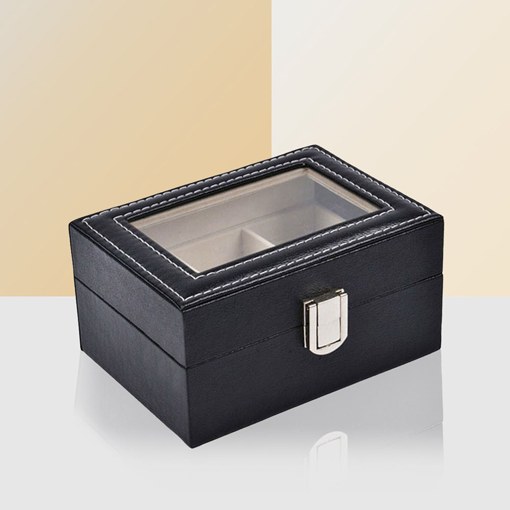 Watch Box Organizer Case | Jewelry Display Tray Glass Top PU Leather (2 Slot)