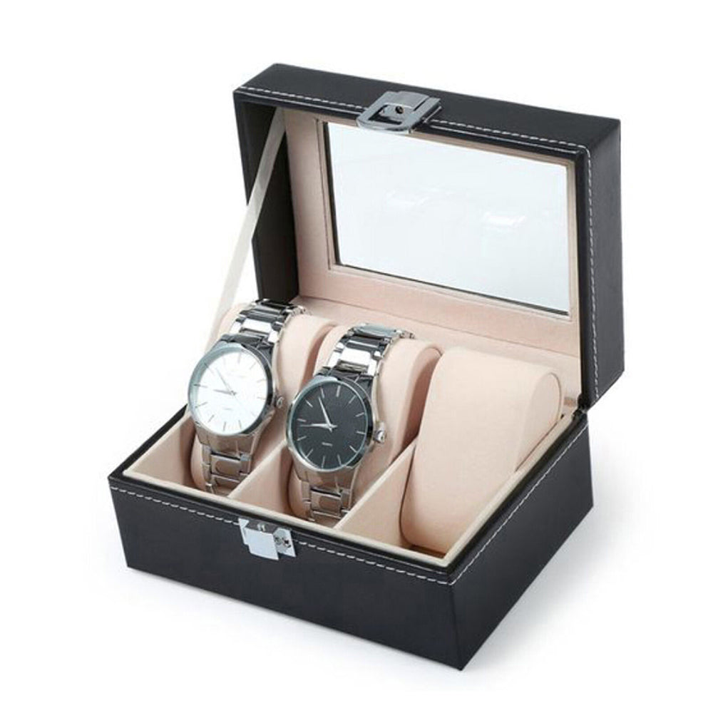 Watch Box Organizer Case | Jewelry Display Tray Glass Top PU Leather (2 Slot)