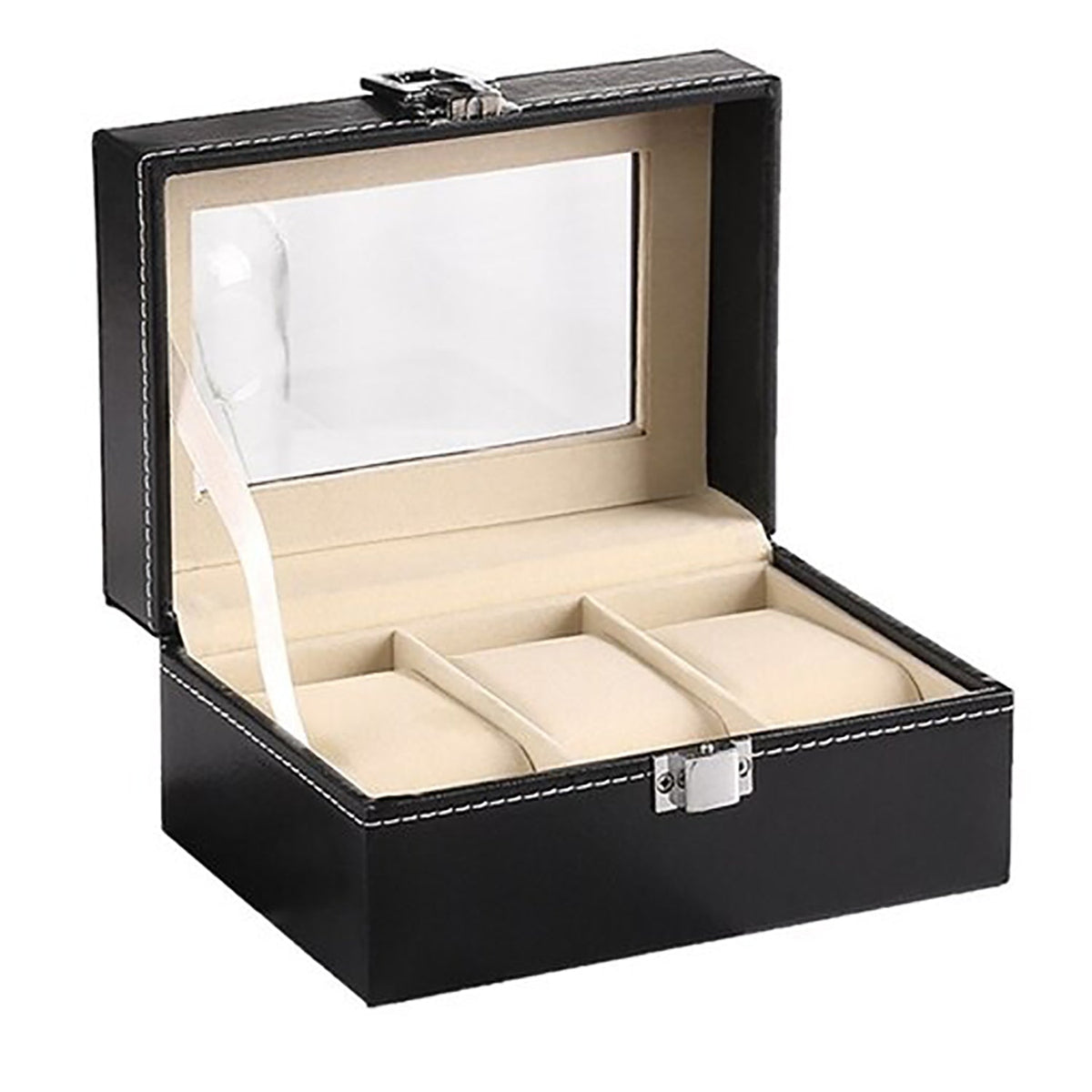 Watch Box Organizer Case | Jewelry Display Tray Glass Top PU Leather (3 Slot)