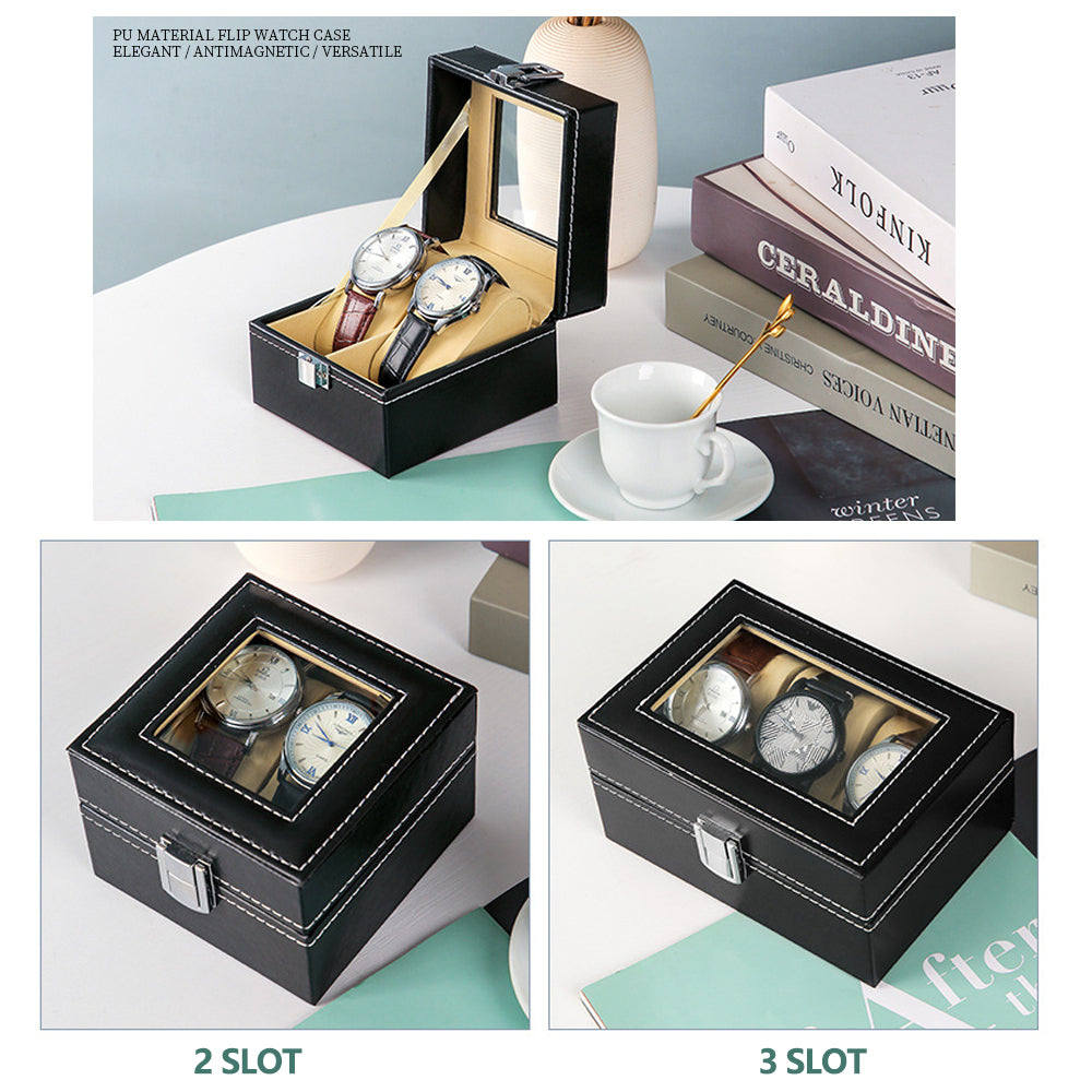 Watch Box Organizer Case | Jewelry Display Tray Glass Top PU Leather (3 Slot)