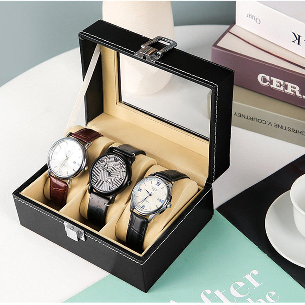 Watch Box Organizer Case | Jewelry Display Tray Glass Top PU Leather (3 Slot)