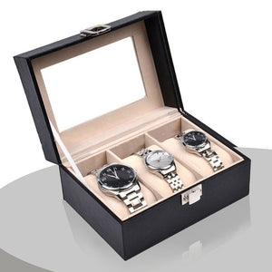 Watch Box Organizer Case | Jewelry Display Tray Glass Top PU Leather (3 Slot)