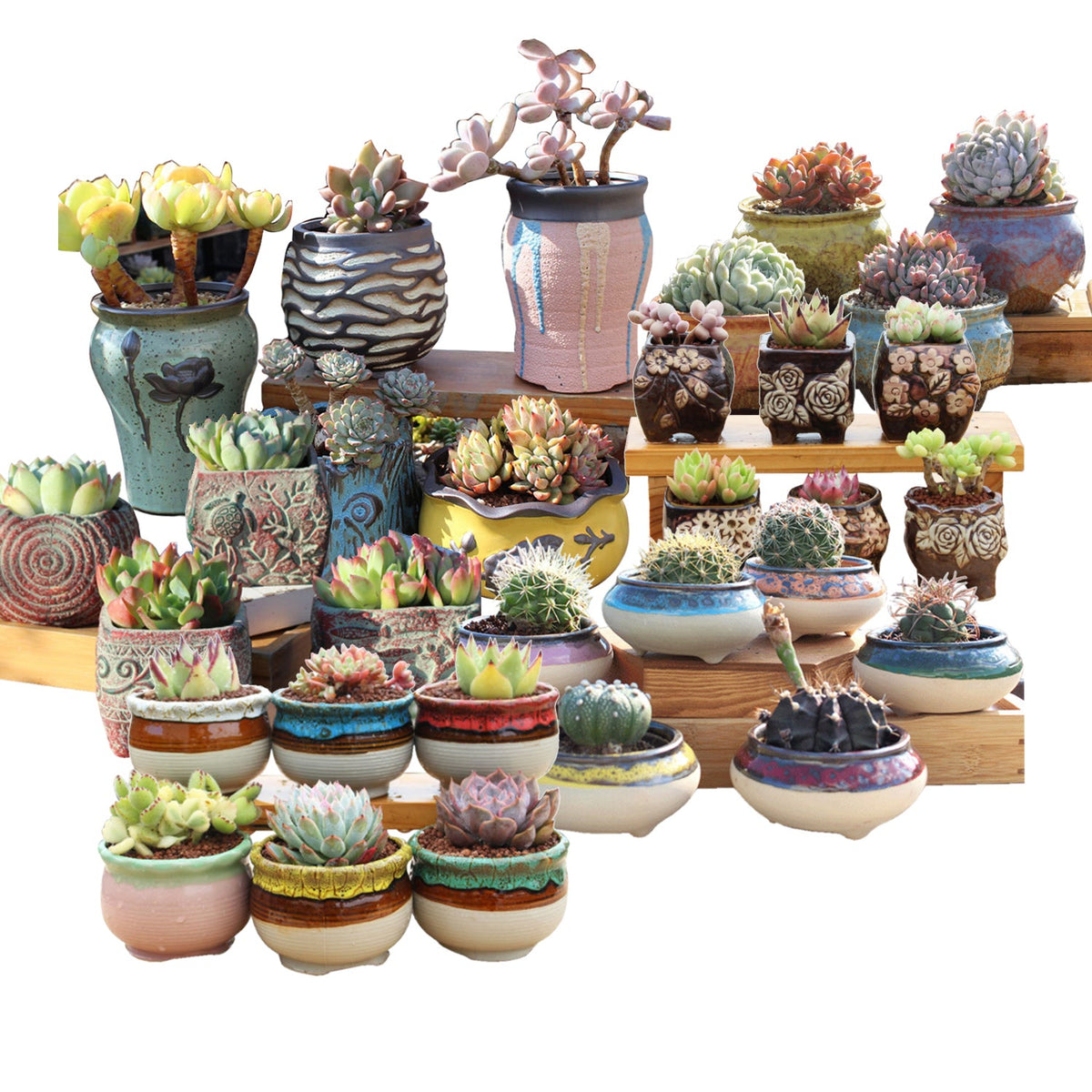 4/5/6 Pots Set Ceramic Clay Pottery Pots | Succulent Flower Planter, Draining Hole (Style 01# 4 Pots Set)