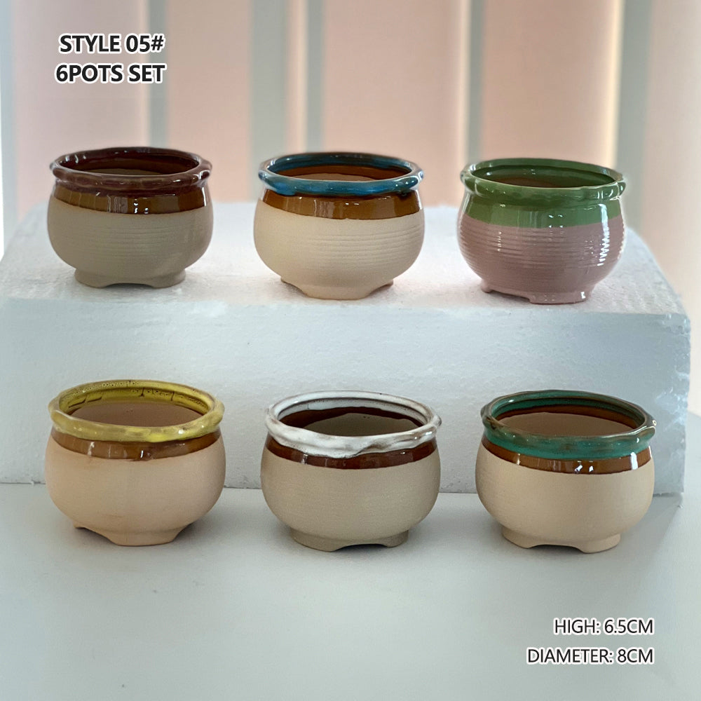 4/5/6 Pots Set Ceramic Clay Pottery Pots | Succulent Flower Planter, Draining Hole (Style 05# 6 Pots Set)
