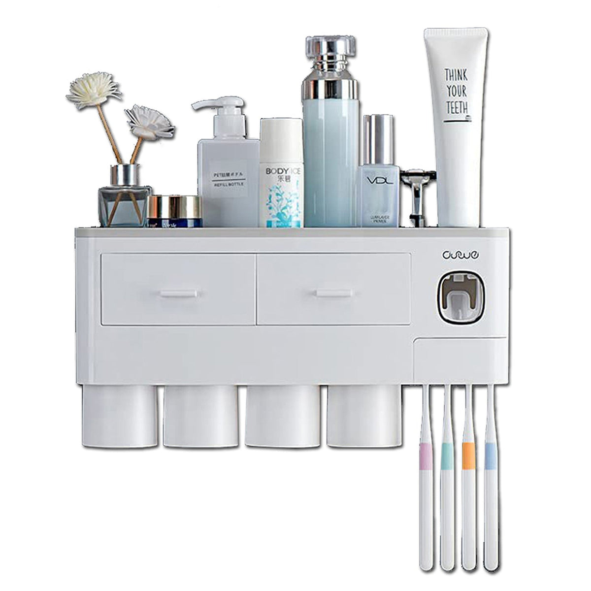 Toothbrush Holders with 3-4 Cups | Automatic Toothpaste Dispenser Kit (4 Cups, 2 Drawers)