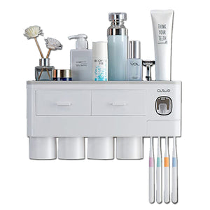 Toothbrush Holders with 3-4 Cups | Automatic Toothpaste Dispenser Kit (4 Cups, 2 Drawers)