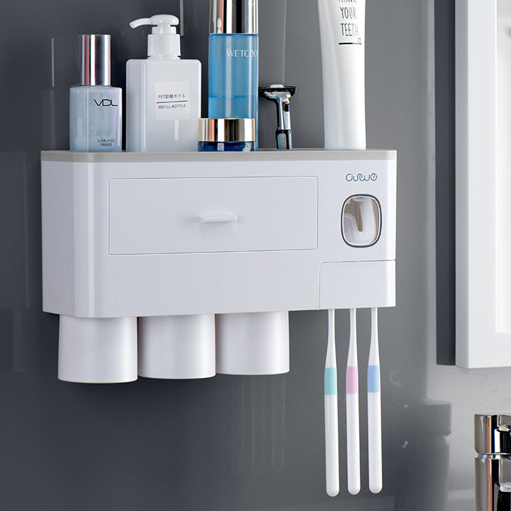 Toothbrush Holders with 3-4 Cups | Automatic Toothpaste Dispenser Kit (4 Cups, 2 Drawers)