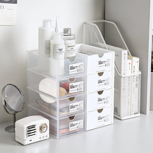 4-Pcs Set Stackable Desktop Storage Box | Drawer Transparent Plastic Stationery & Cosmetic Organizer Box (White)