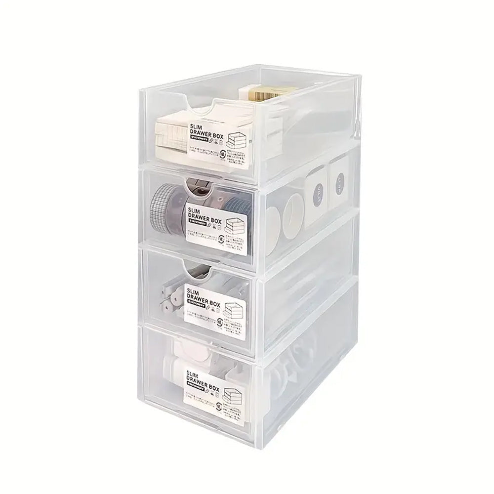 4-Pcs Set Stackable Desktop Storage Box | Drawer Transparent Plastic Stationery & Cosmetic Organizer Box (Clear)