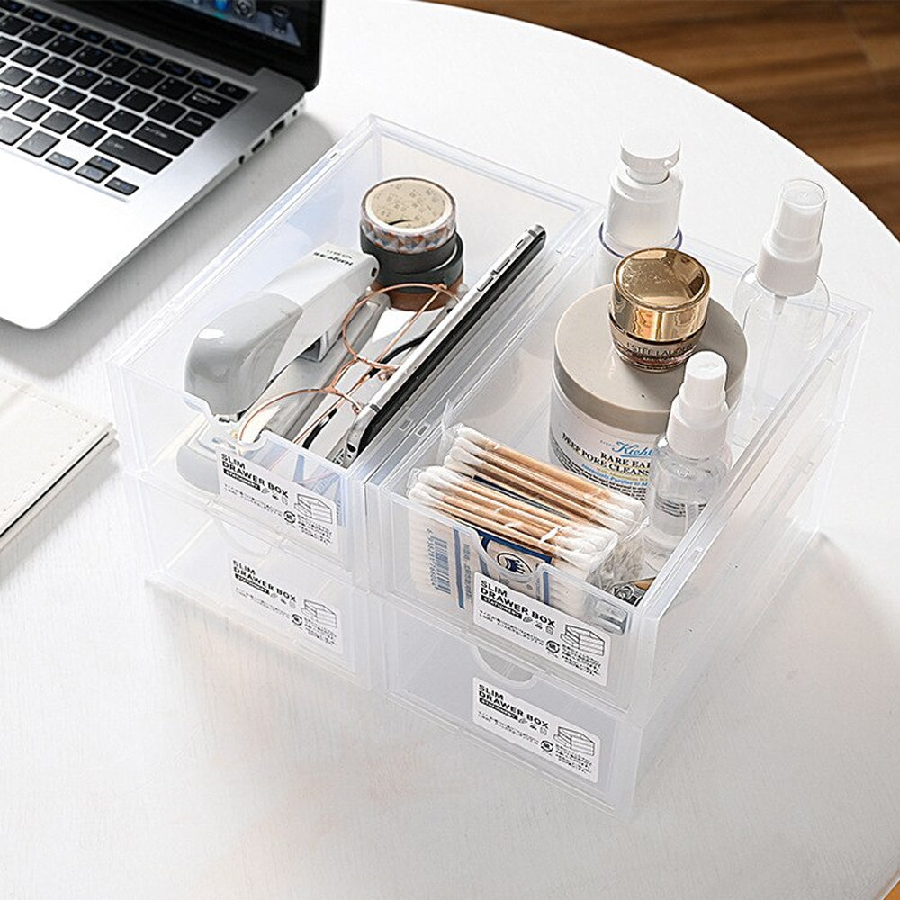 4-Pcs Set Stackable Desktop Storage Box | Drawer Transparent Plastic Stationery & Cosmetic Organizer Box (Clear)