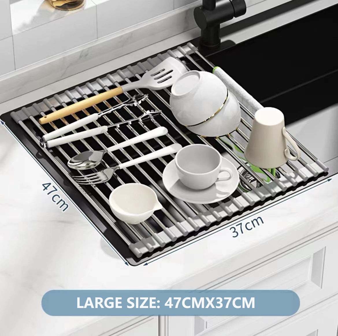Kitchen Roll-Up Dish Drying Rack | Foldable Drainer Over Sink 304 Stainless Steel (Large: 4737cm)
