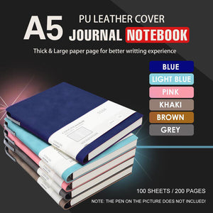 A5 200 Pages PU Leather Journal | Fashion Glued Cover | Travel Notebook | Traveller's Diary | Khaki