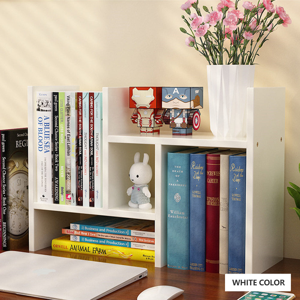 Resize-able Thick Wood Desktop Bookshelf | Display Rack Unit (White)