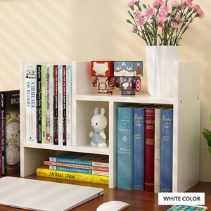 Resize-able Thick Wood Desktop Bookshelf | Display Rack Unit (White)