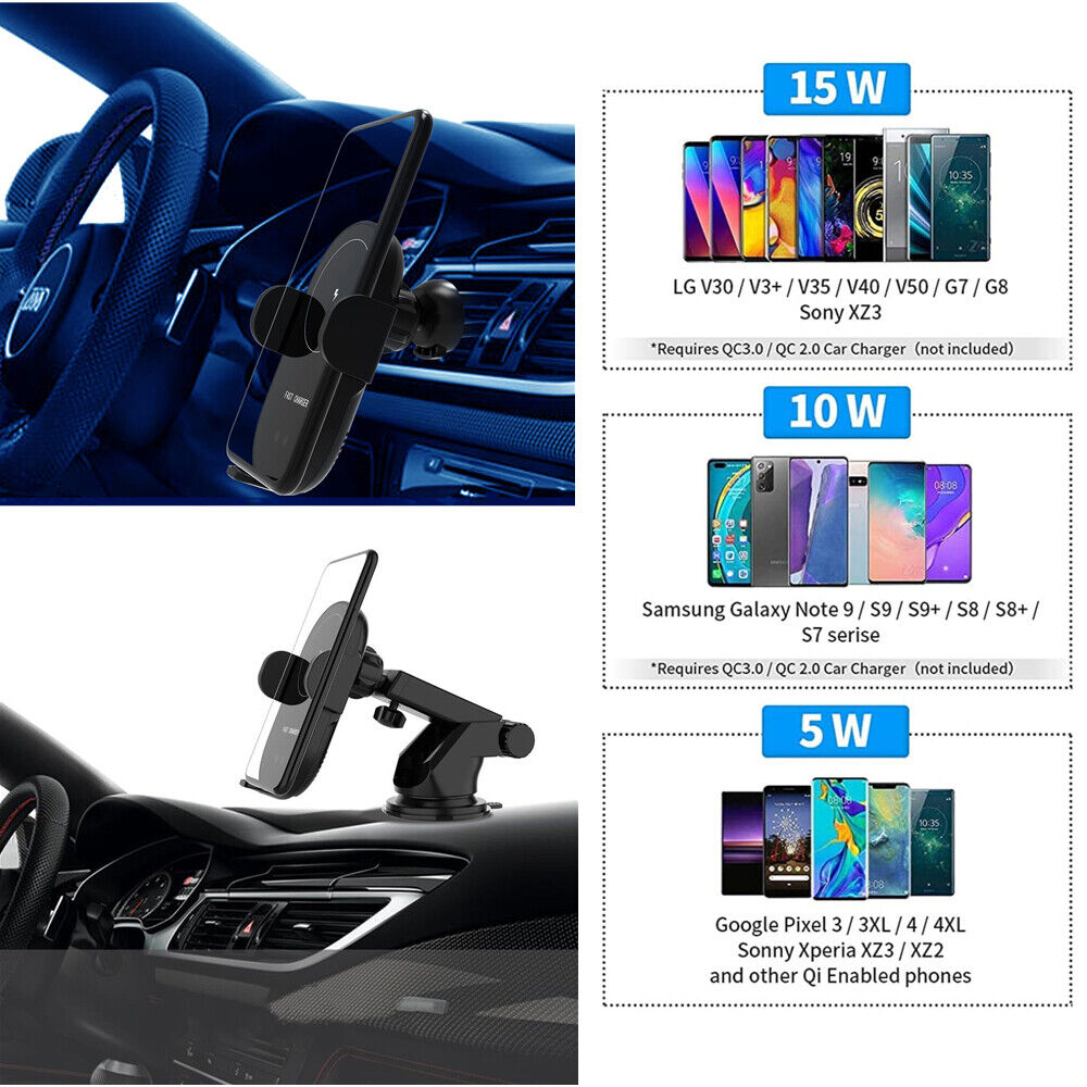 Automatic Clamping 15W Wireless Car Fast Charger Mount | 2-in-1 Car Phone Holder