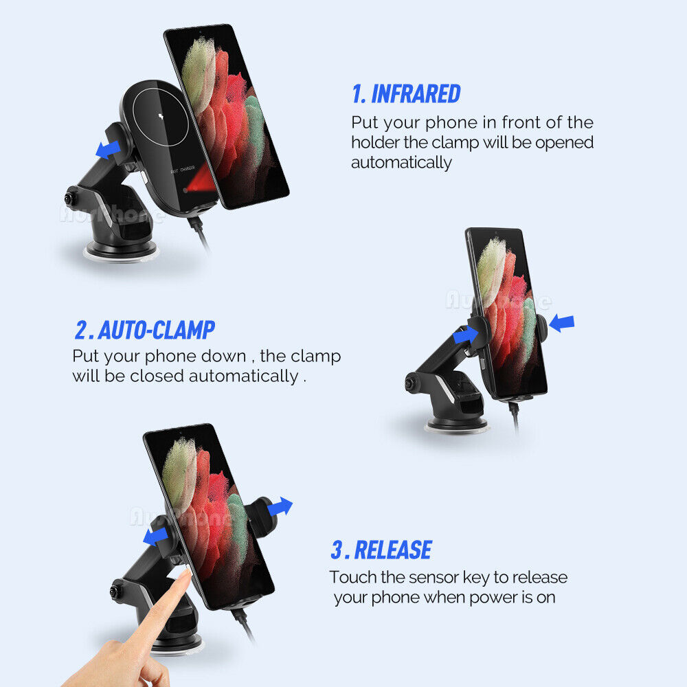Automatic Clamping 15W Wireless Car Fast Charger Mount | 2-in-1 Car Phone Holder