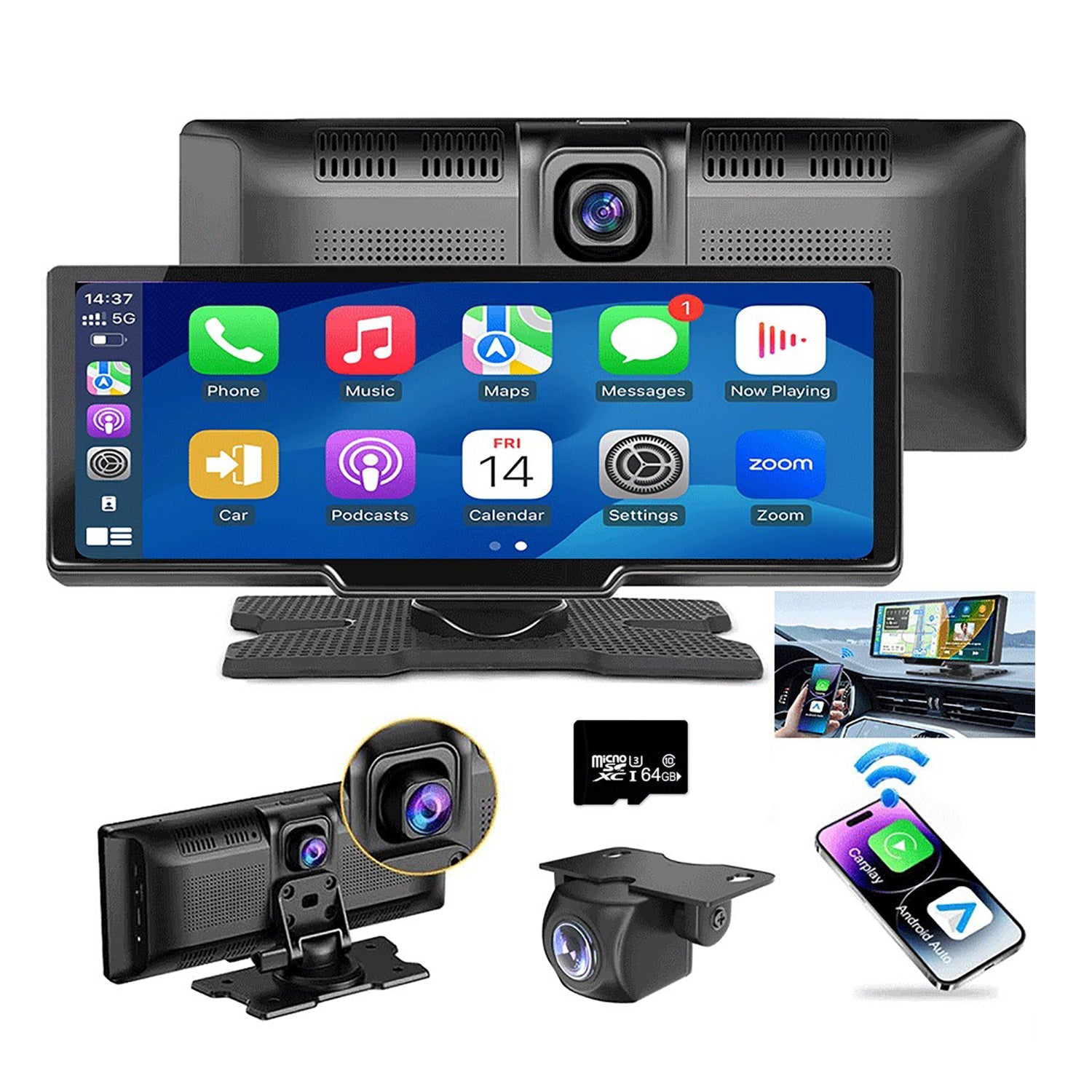 10.26" Wireless Apple Android Carplay | Dual Dash Cam Front Rear Camera | 64G Card