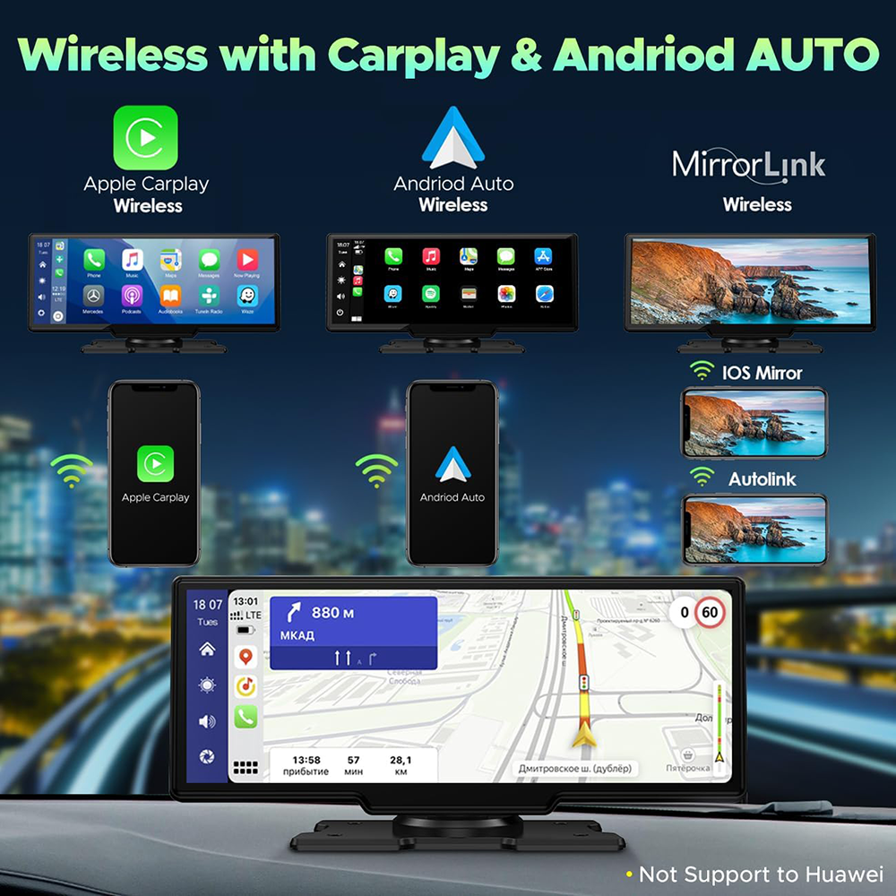 10.26" Wireless Apple Android Carplay | Dual Dash Cam Front Rear Camera | 64G Card