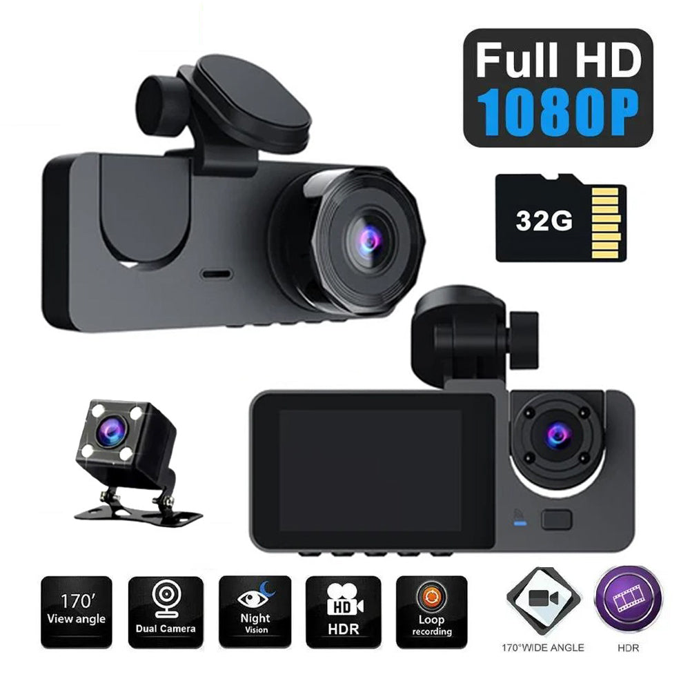 3 Channel Car DVR | HD 1080P | Vehicle Dash Cam | Three-Way Camera | DVR Recorder | 32GB Card