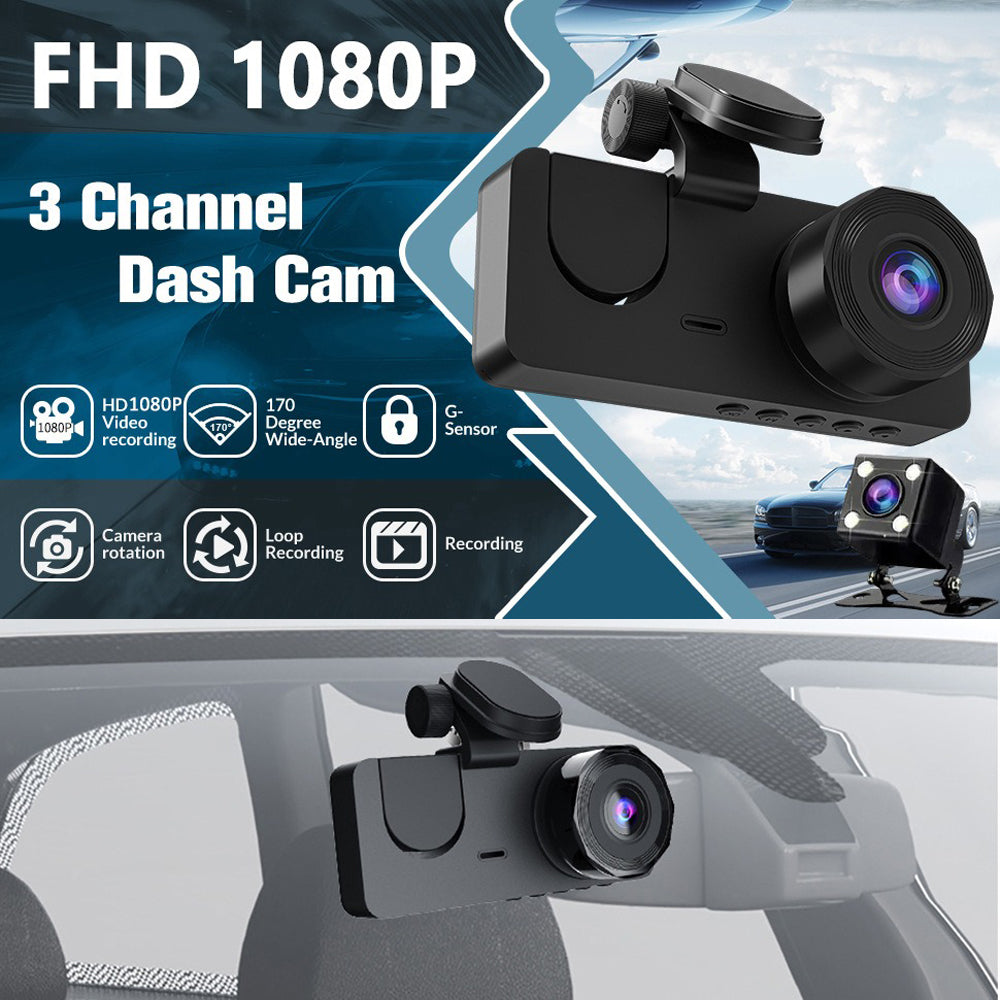 3 Channel Car DVR | HD 1080P | Vehicle Dash Cam | Three-Way Camera | DVR Recorder | 32GB Card