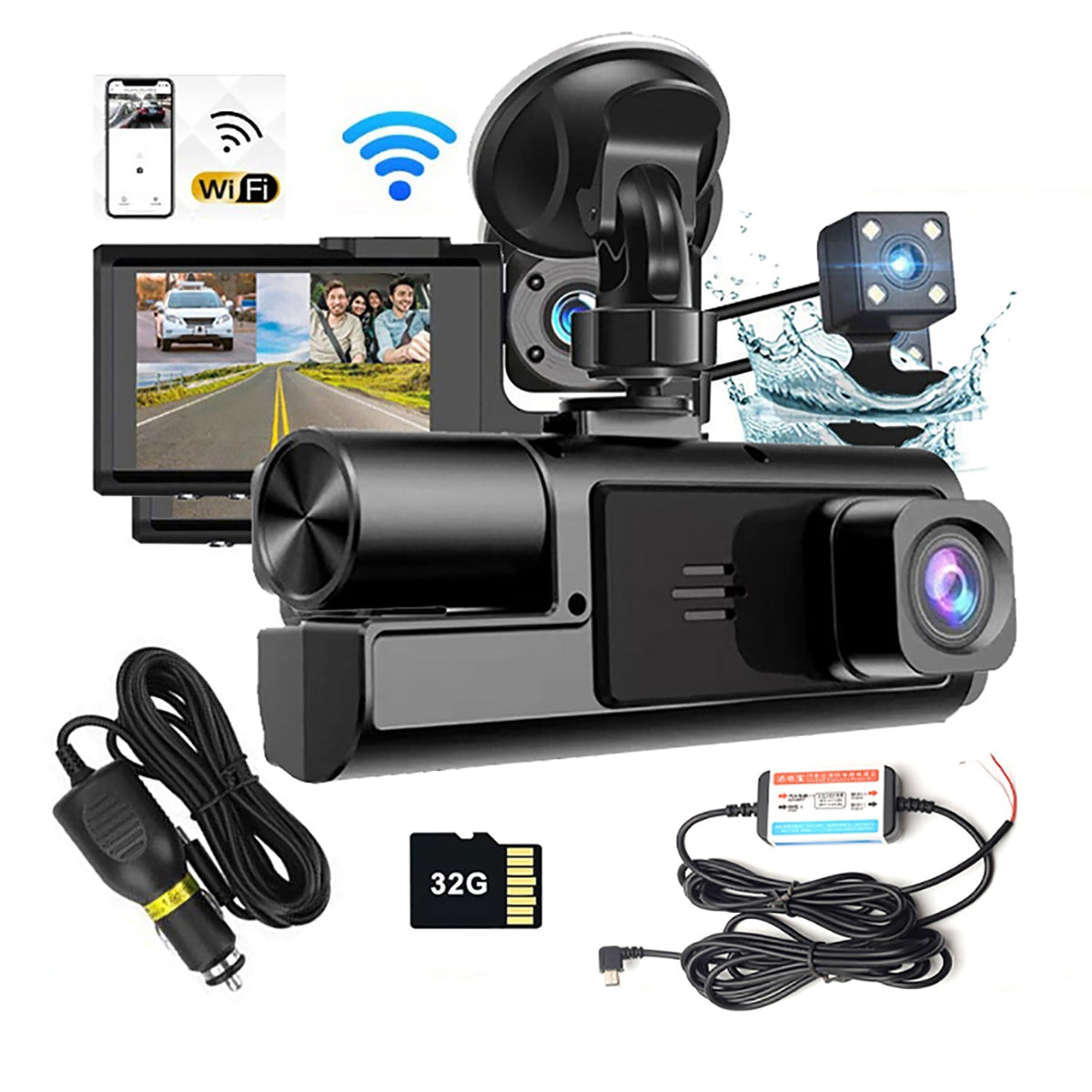 WiFi 3 Channels Dash Cam | 1080P Full HD | Car Dashcam | Hardwire Kit | 32GB Card