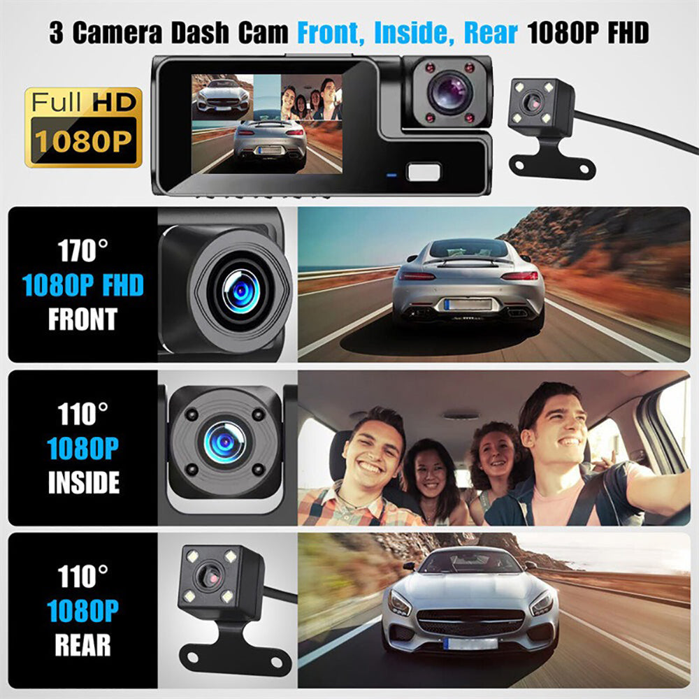 WiFi 3 Channels Dash Cam | 1080P Full HD | Car Dashcam | Hardwire Kit | 32GB Card
