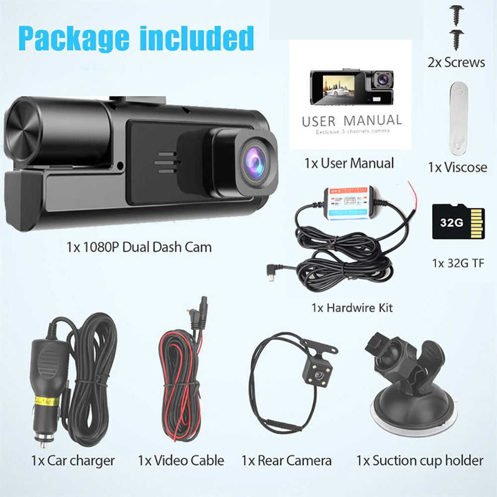 WiFi 3 Channels Dash Cam | 1080P Full HD | Car Dashcam | Hardwire Kit | 32GB Card