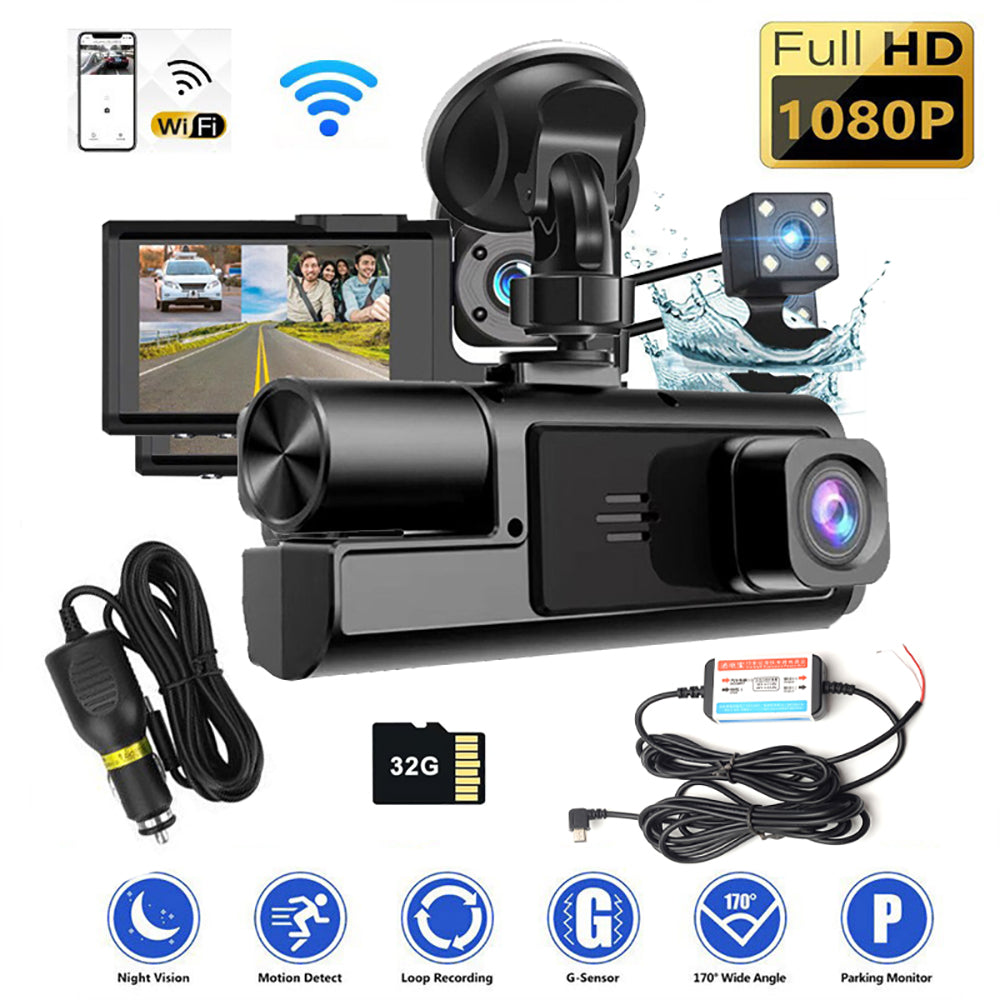 WiFi 3 Channels Dash Cam | 1080P Full HD | Car Dashcam | Hardwire Kit | 32GB Card