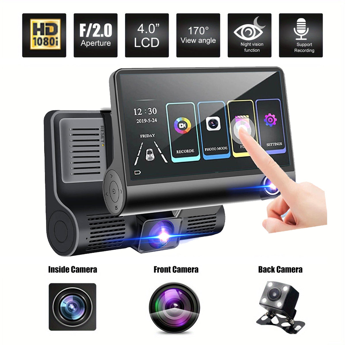 Front and Rear Triple Lens Dash Cam | 1080P HD | 4-inch Touch Screen | Wide-Angle Lens