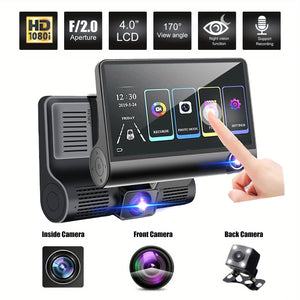 Front and Rear Triple Lens Dash Cam | 1080P HD | 4-inch Touch Screen | Wide-Angle Lens