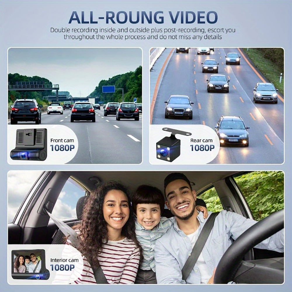 Front and Rear Triple Lens Dash Cam | 1080P HD | 4-inch Touch Screen | Wide-Angle Lens