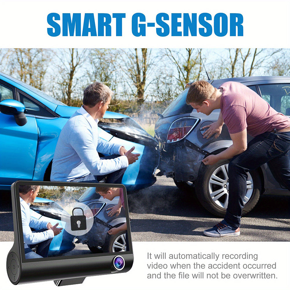 Front and Rear Triple Lens Dash Cam | 1080P HD | 4-inch Touch Screen | Wide-Angle Lens