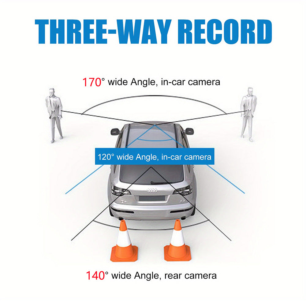 Front and Rear Triple Lens Dash Cam | 1080P HD | 4-inch Touch Screen | Wide-Angle Lens