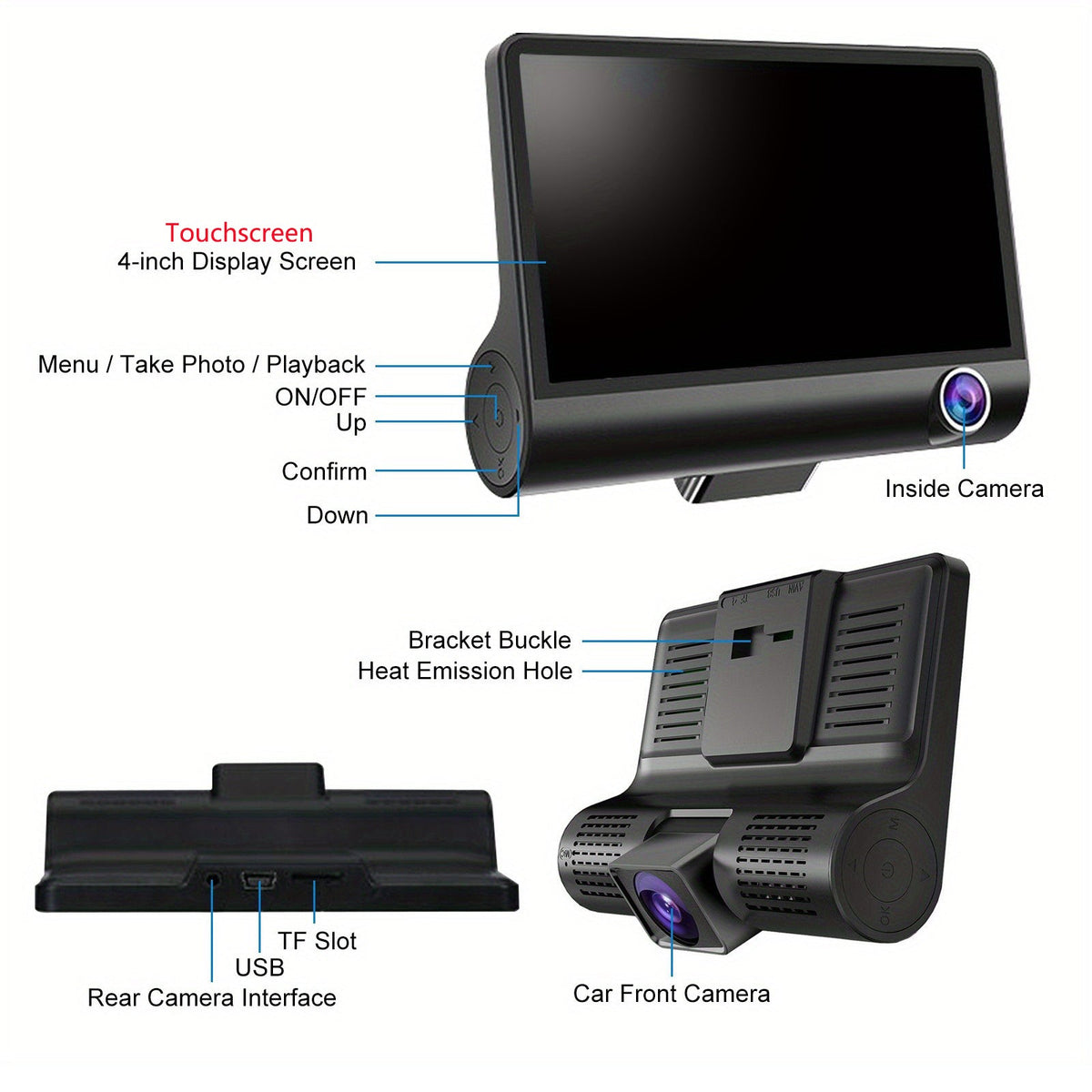 Front and Rear Triple Lens Dash Cam | 1080P HD | 4-inch Touch Screen | Wide-Angle Lens