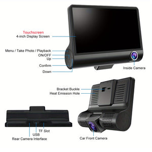 Front and Rear Triple Lens Dash Cam | 1080P HD | 4-inch Touch Screen | Wide-Angle Lens