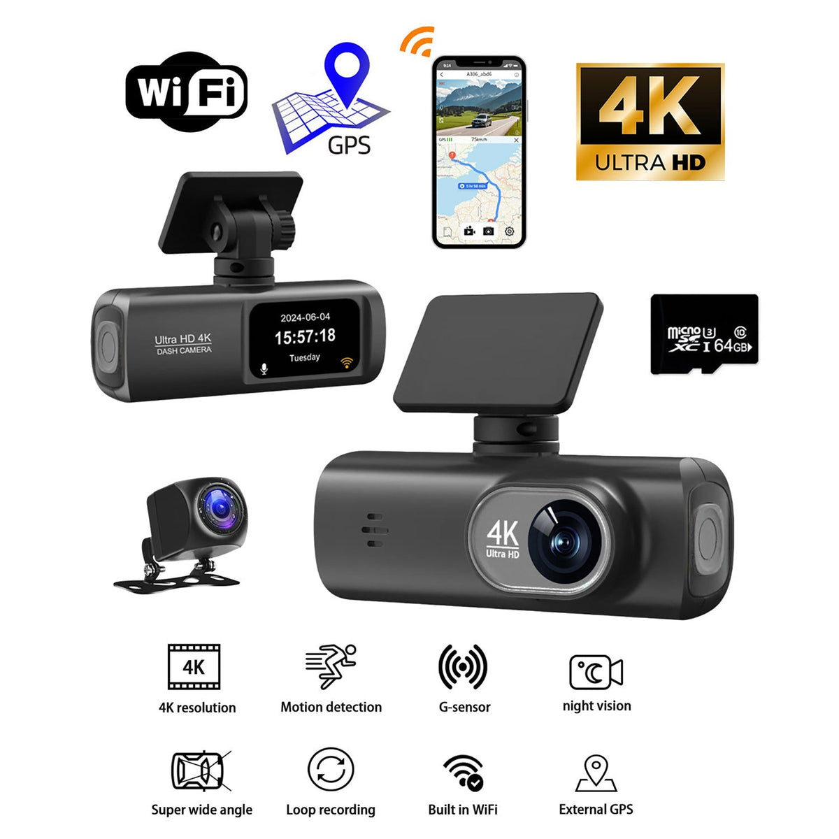 4K Front and Rear Dual Dash Cam | WiFi GPS Car Camera | 64GB SD Card