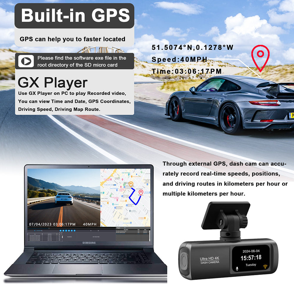 4K Front and Rear Dual Dash Cam | WiFi GPS Car Camera | 64GB SD Card