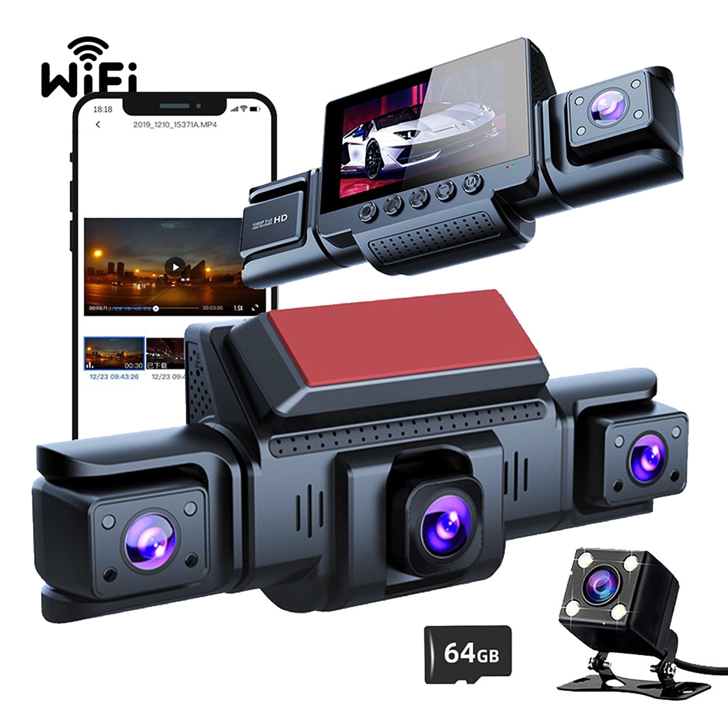 Dashcam | 4 Channel | 5G Wi-Fi | 1080P FHD | 170° Angle | G-Sensor | 64GB Card Included