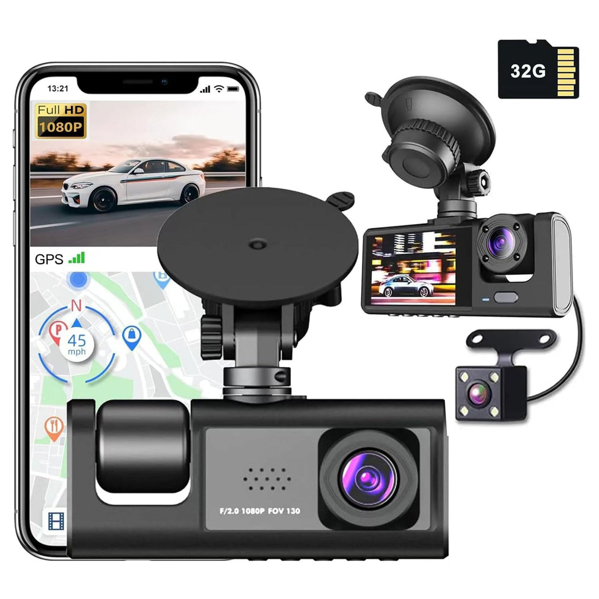 WiFi 3 Channels Dash Cam | 1080P Full HD | Car Dashcam | Free 32GB Card