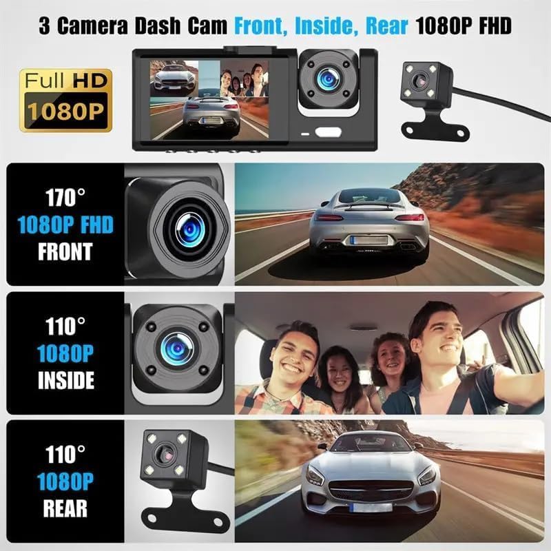 WiFi 3 Channels Dash Cam | 1080P Full HD | Car Dashcam | Free 32GB Card