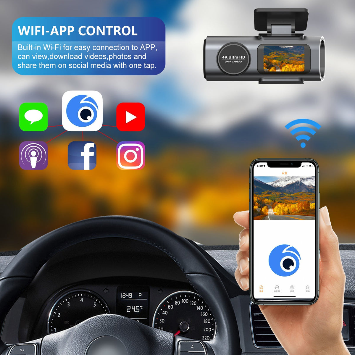 4K Dash Cam UHD 2160P | WiFi Front Dashcam | Night Vision | 64GB Card